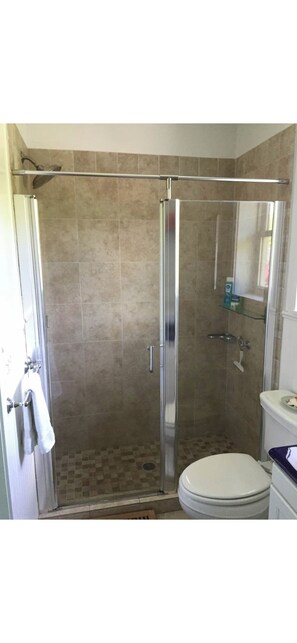 Ein Badezimmer mit Duschkabine, Toilette und Waschbecken.