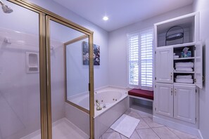 Combined shower/tub, hair dryer, towels