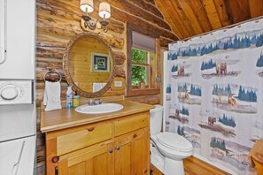 Combined shower/tub, hair dryer, towels, soap