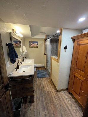 Combined shower/bathtub, hair dryer, towels, soap