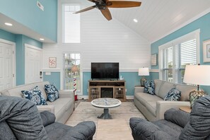 TV, fireplace, video library