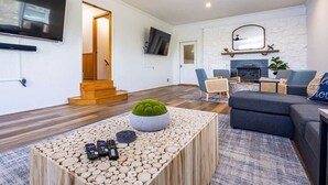 Ein modernes Wohnzimmer mit Flachbildfernseher, Kamin, Sofa und Couchtisch mit einer Zimmerpflanze.