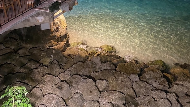 En restaurang vid havet med uteservering som vetter mot kristallklart blått vatten, ett område med stenbeläggning och en överbyggd del med hängande växter.