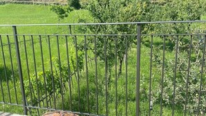 Ein Balkon mit Metallgeländer, der auf eine grüne Landschaft mit Bäumen und einer Rasenfläche blickt.