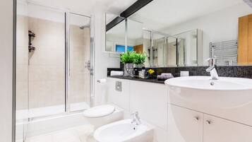 Combined shower/bathtub, hair dryer, towels, soap