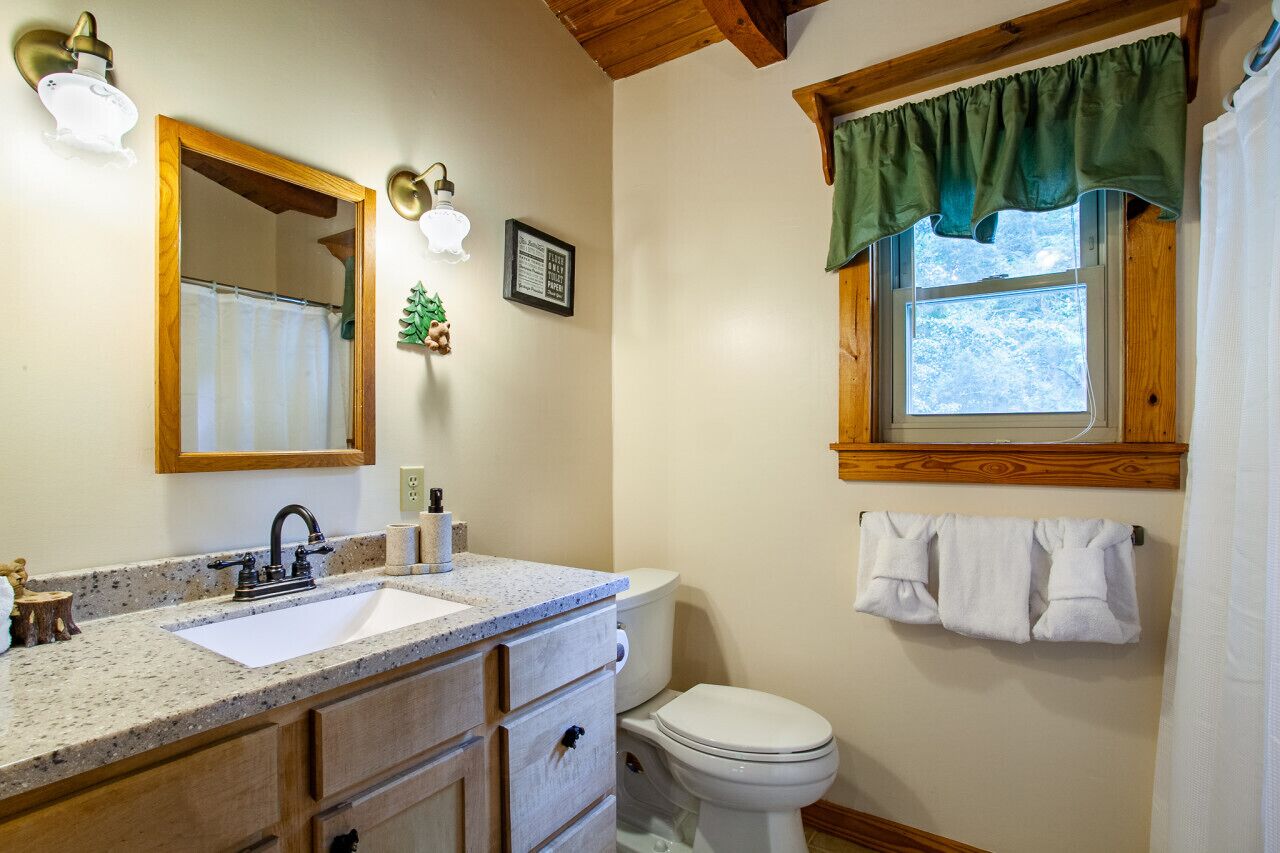 A bathroom with a sink, mirror, and toilet.