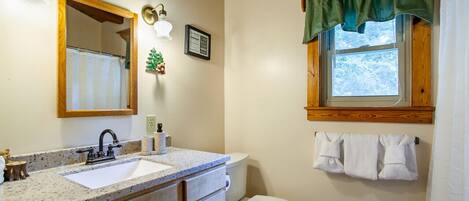 A bathroom with a sink, mirror, and toilet.