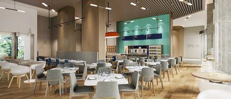 A spacious restaurant with high ceilings, modern lighting, and a central bar area.