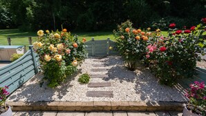 Un sendero en un jardín con una verja de madera, rodeado de rosales y grava.