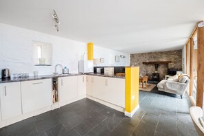 TV, fireplace, books