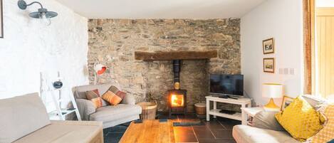 Televisio, takka, kirjoja