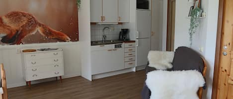 Design Apartment, 2 Twin Beds, Non Smoking, Lake View | Private kitchen | Full-size fridge, microwave, stovetop, coffee/tea maker