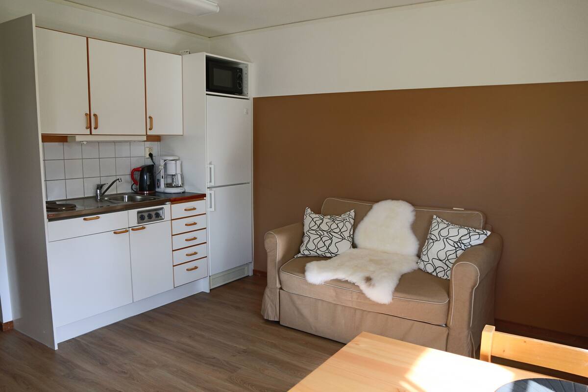 A compact kitchen with white cabinets, a microwave, and a coffee maker. A beige sofa with patterned pillows is placed against a brown wall.