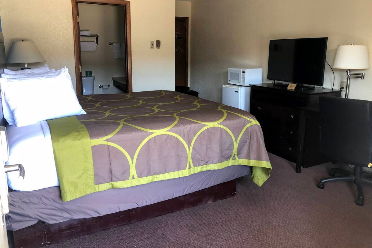 A hotel room with a bed, a desk, a television, a microwave, and a small refrigerator.