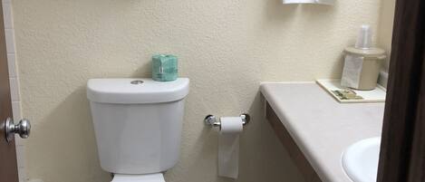 Un baño con inodoro, lavabo y toallero.