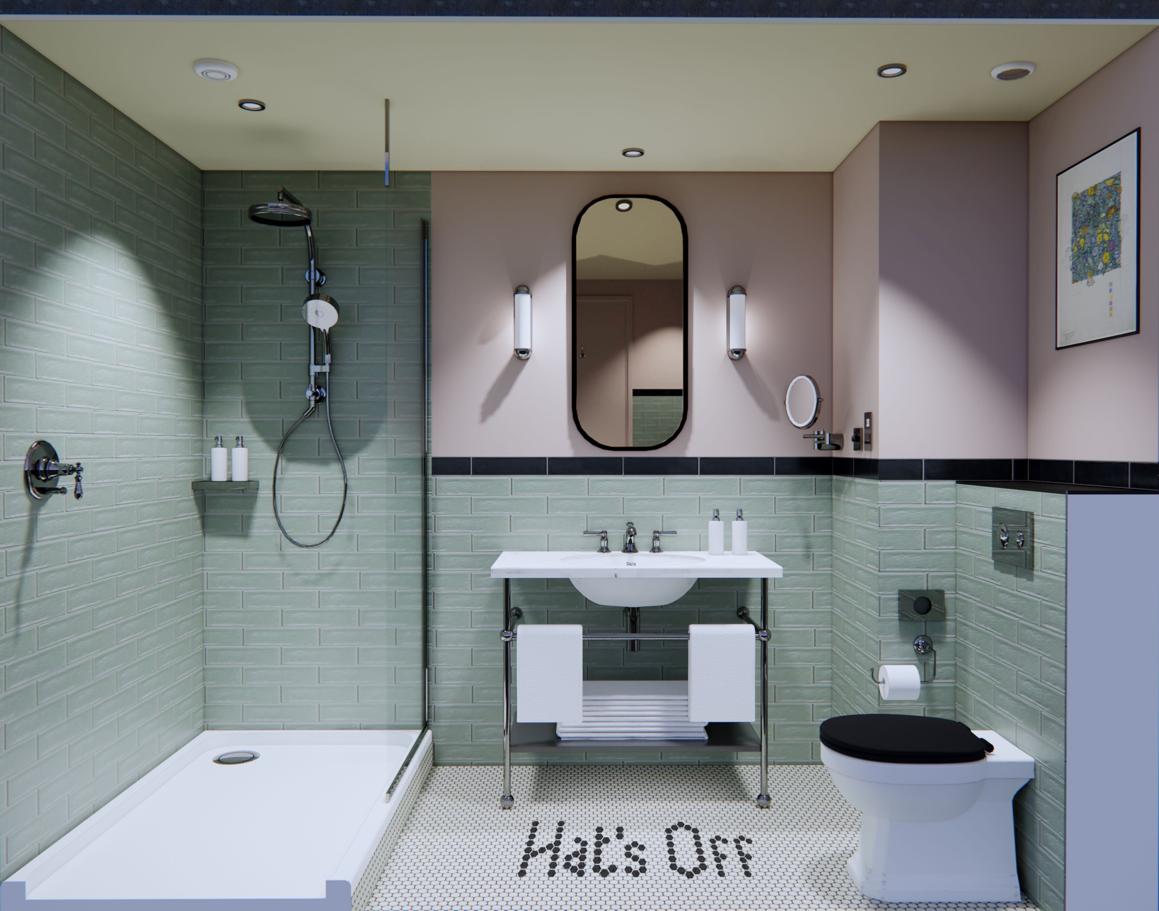 A modern bathroom with a shower, toilet, and sink.