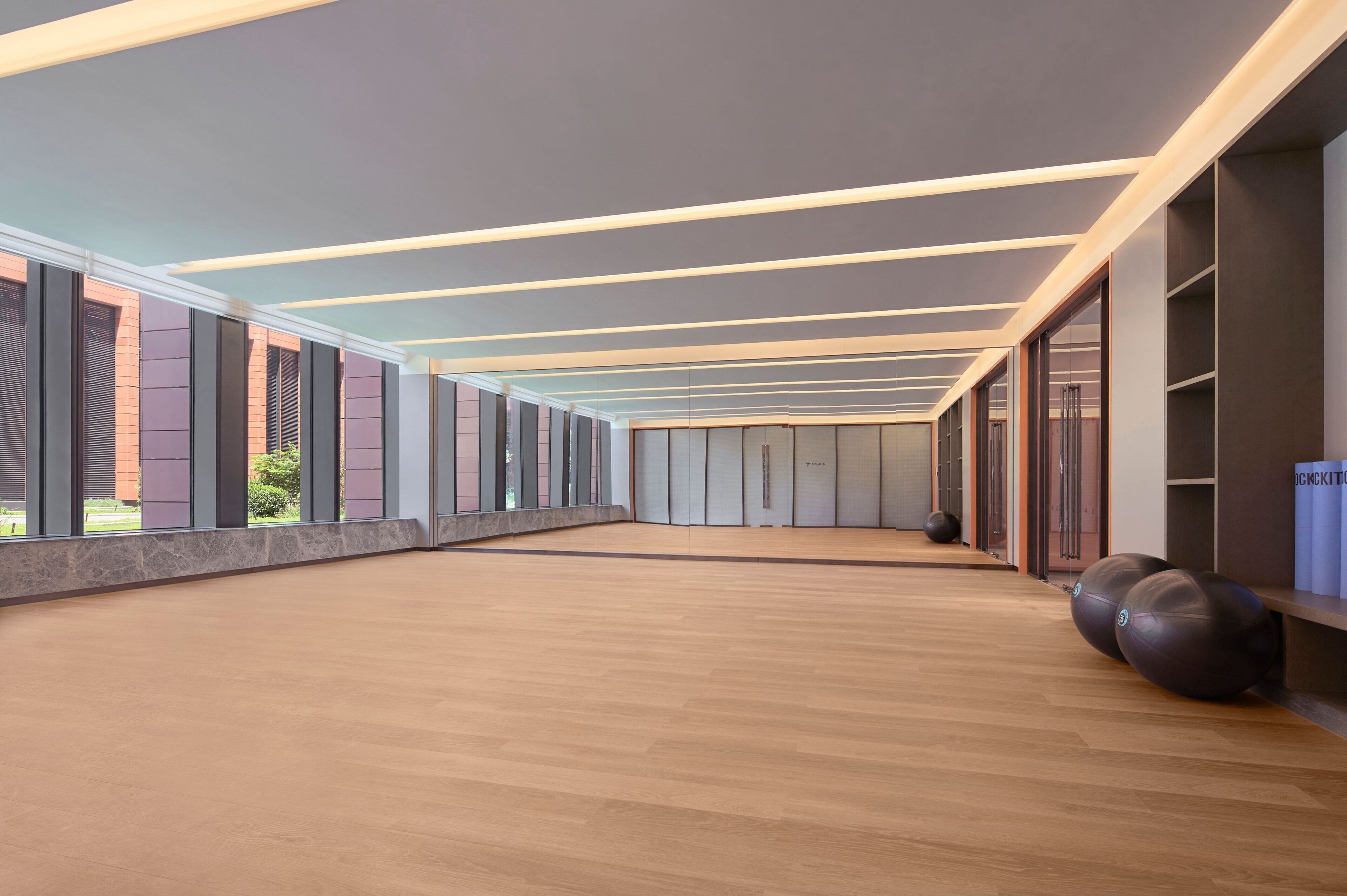 A spacious, modern gym with wooden flooring, large windows, and exercise balls.