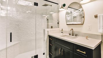 Hair dryer, towels, soap, shampoo