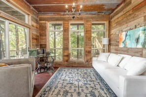 Televisión, chimenea, reproductor de DVD y estéreo 