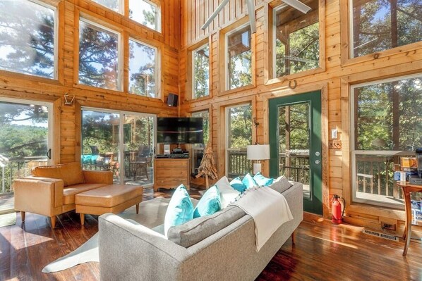 Televisión, chimenea, reproductor de DVD y estéreo 