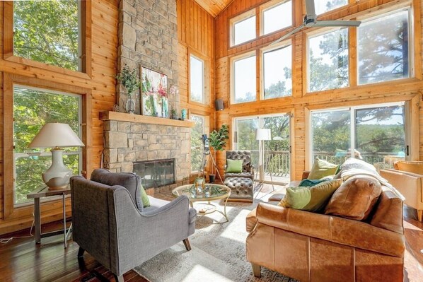 Televisión, chimenea, reproductor de DVD y estéreo 