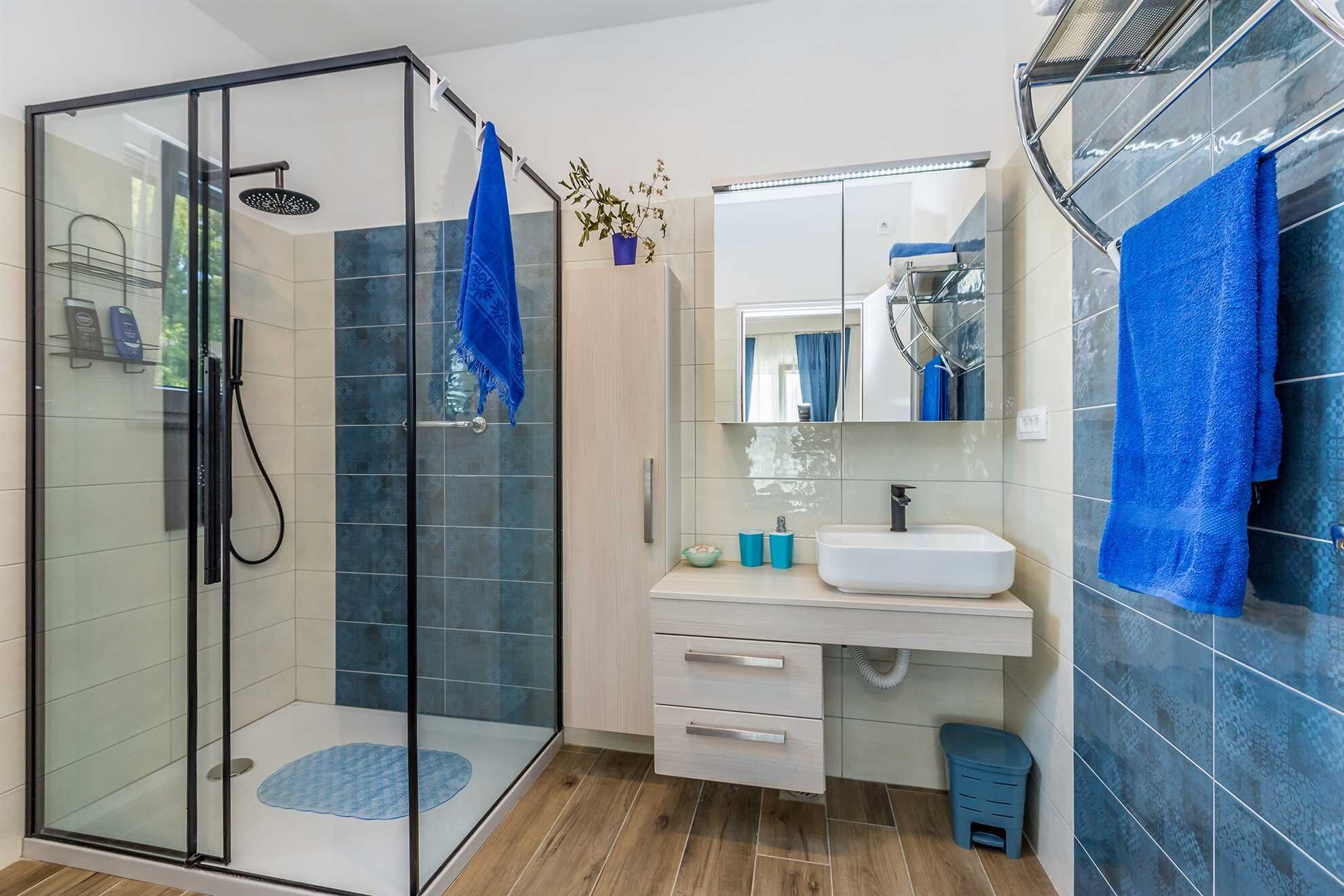 A modern bathroom with a glass shower enclosure, a white sink, and a mirror above it.