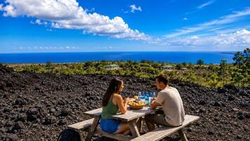 Una pareja cenando en una mesa de picnic de madera con vista al océano.