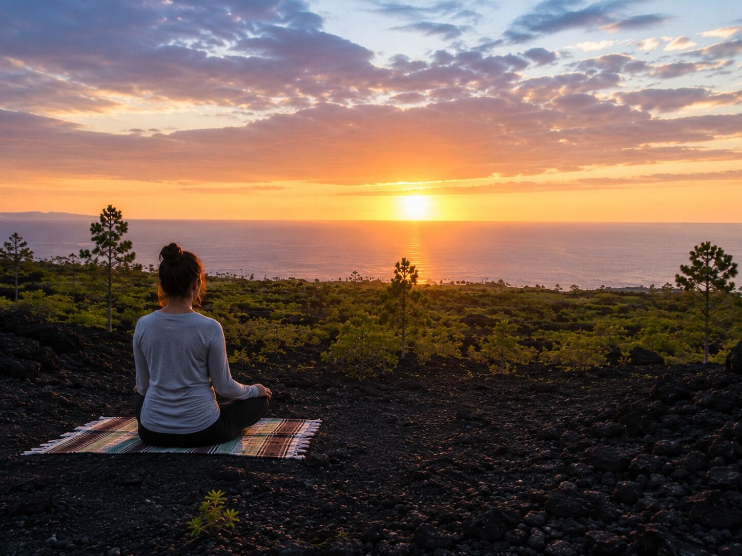 Una persona sentada en una esterilla al aire libre, mirando al atardecer sobre un cuerpo de agua.