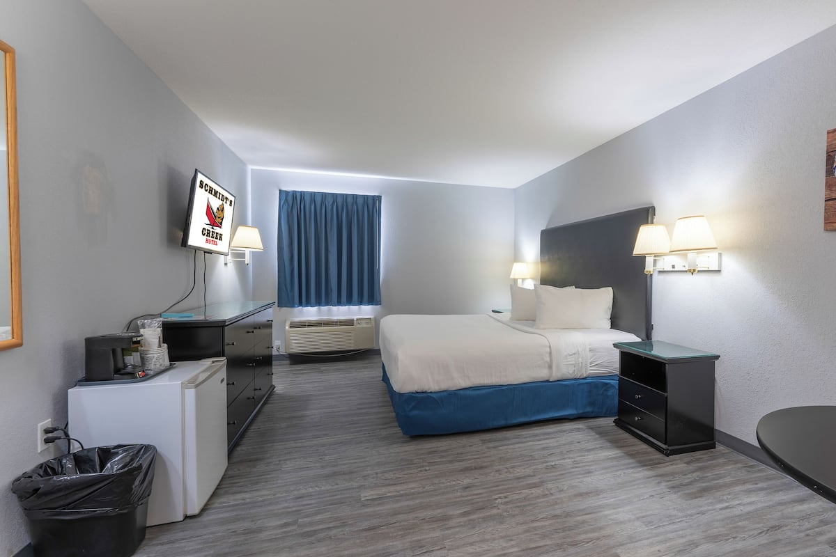 Une chambre d’hôtel équipée d’un lit, de tables de chevet, d’un bureau, d’une poubelle et d’un téléviseur fixé au mur.