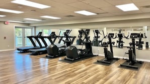 Ett gym med löpband, crosstrainers och motionscyklar uppställda i rader.