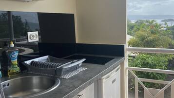 Fridge, microwave, stovetop, coffee/tea maker