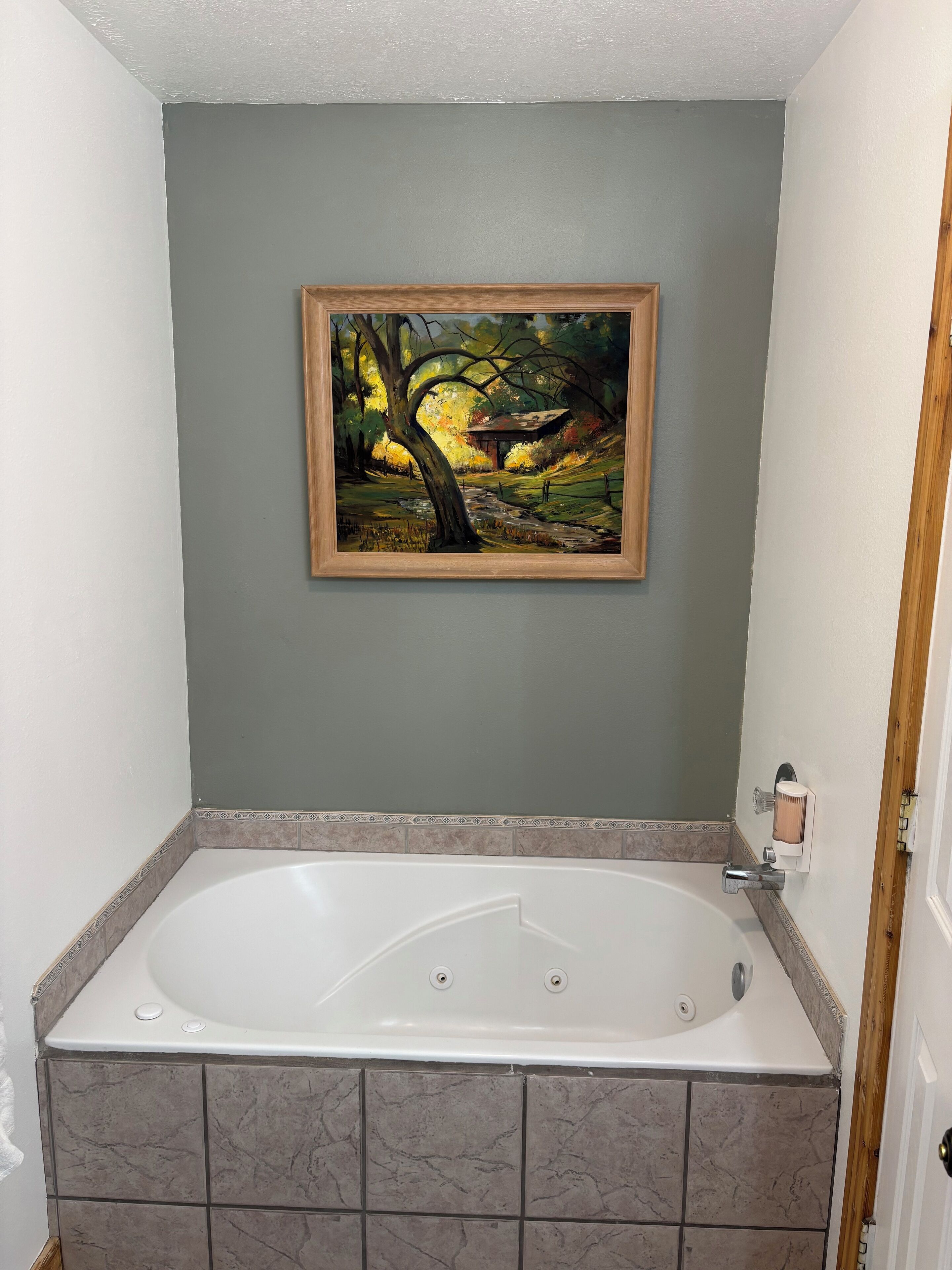 Un baño con una bañera grande, un cuadro enmarcado de un paisaje y piso de baldosas.