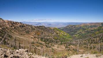 A mountainous landscape with a clear sky.