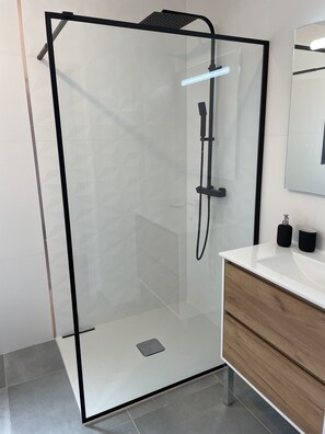 Shower, hair dryer, towels