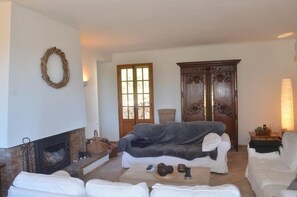 Un salon avec une cheminée, un canapé gris, un fauteuil blanc et un meuble en bois.