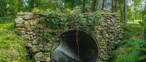 A stone structure with a circular opening, surrounded by lush greenery and trees.