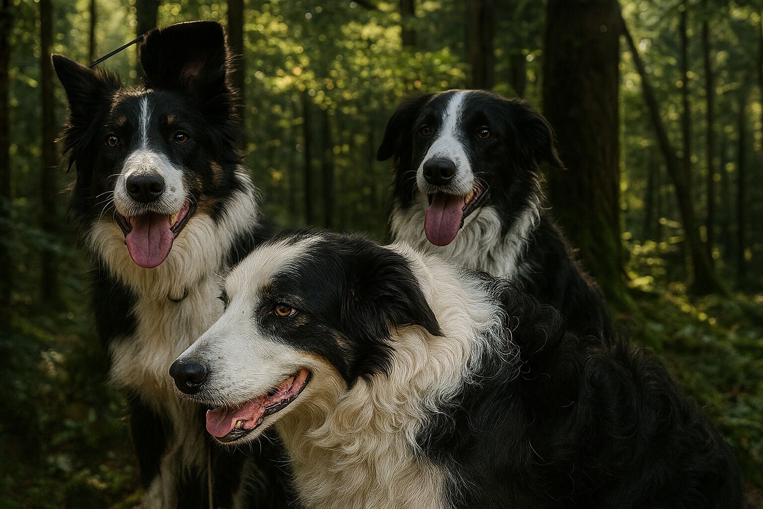Two dogs in a forested area.