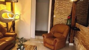 Una sala de estar con un sofá de cuero marrón, una mesa de centro de madera con una planta y una pared de piedra.