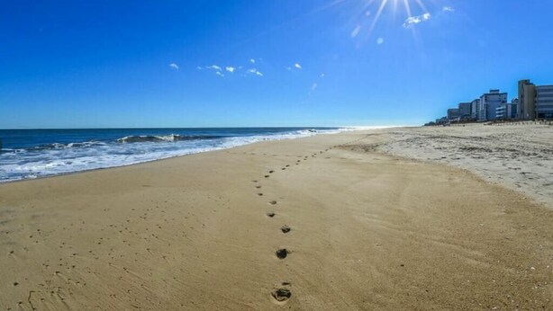 A beach with footprints leading to the water, a clear sky, and buildings in the background.