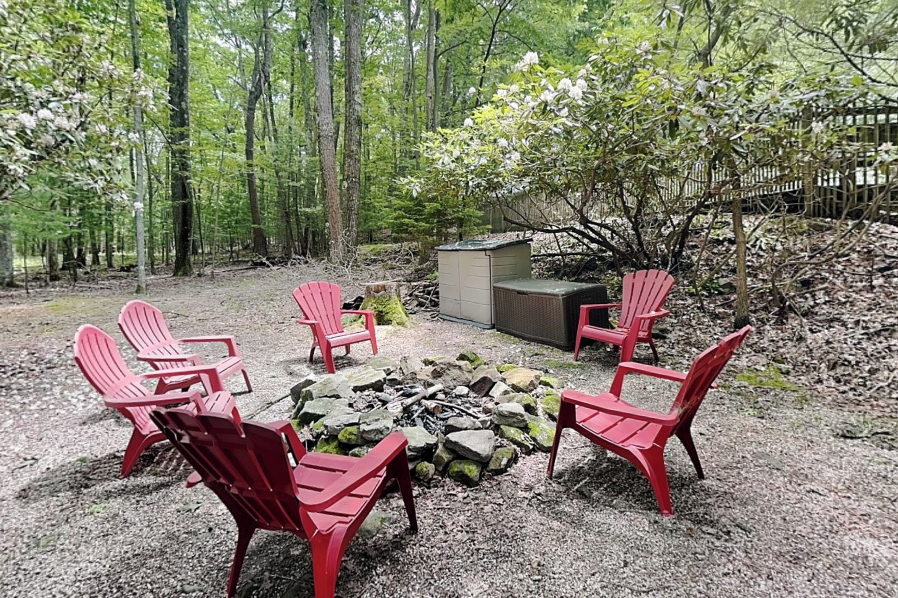 A forested area with a fire pit surrounded by red Adirondack chairs, a shed, and a wooden fence.