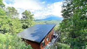 Eine Holzhütte mit Metalldach, umgeben von dichtem Wald, mit Blick auf ferne Berge.