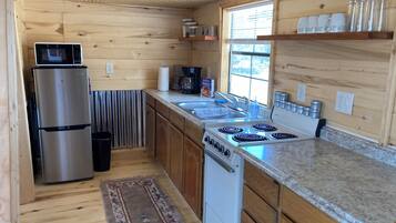 Coffee/tea maker, fridge, microwave, oven