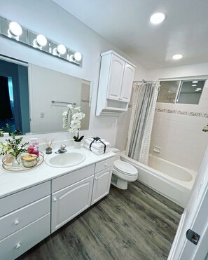 Tina, toallas, jabón, shampoo 