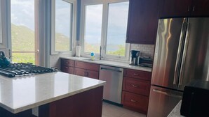 A kitchen with a large island, stainless steel appliances, and a view of a hillside.