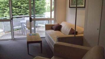 Smart-tv, eldstad och böcker