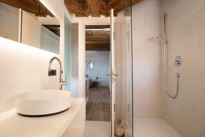 Shower, hair dryer, towels