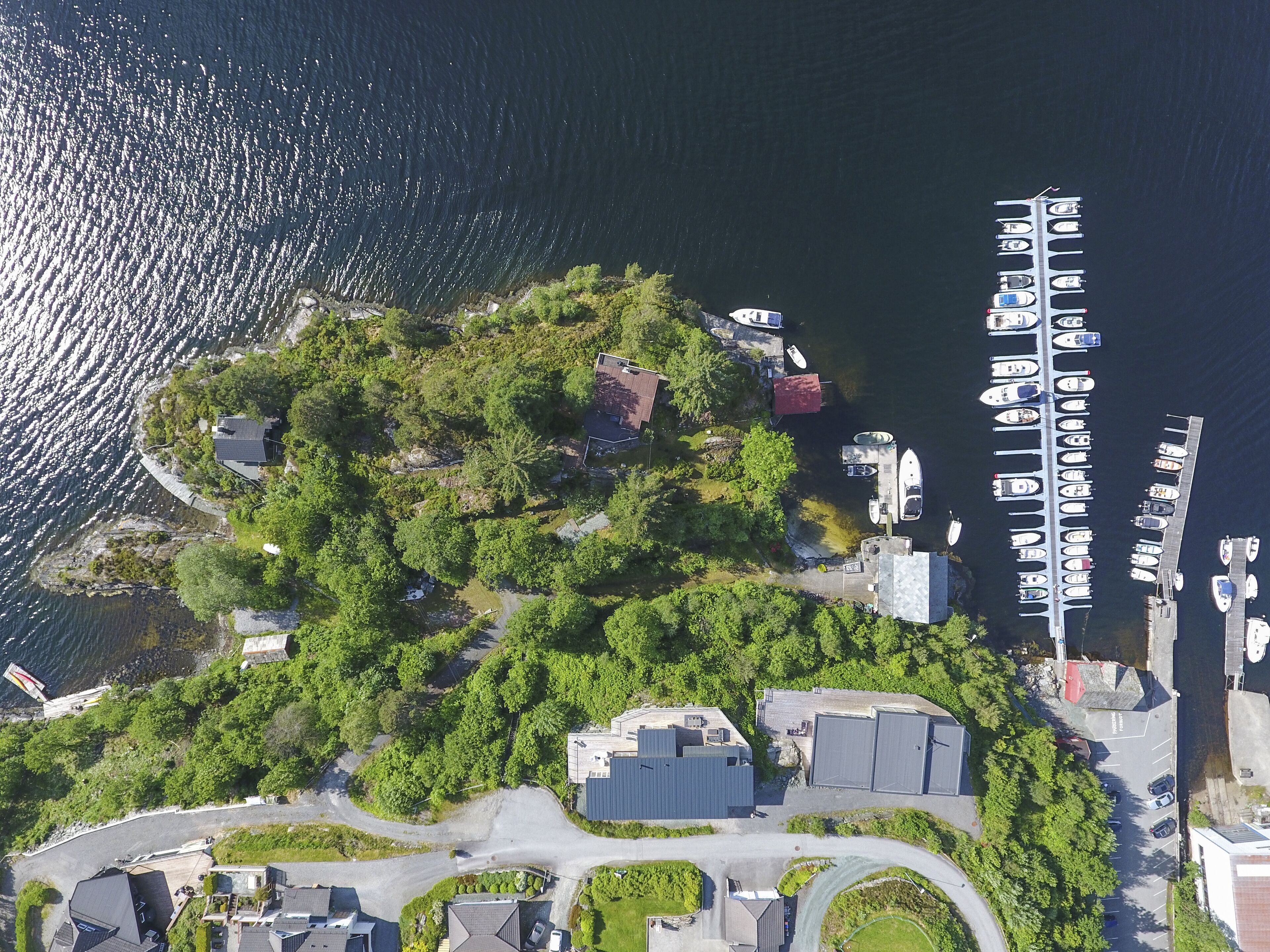 An aerial view of a marina with boats docked, surrounded by greenery and buildings.