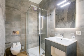 Shower, hair dryer, bidet, towels