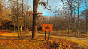 A sign for Kates Lake Road Cabins with a rustic cabin icon, surrounded by trees and a path. - Lake Road Cabin C — Million Dollar Ozark View! (Ironton)