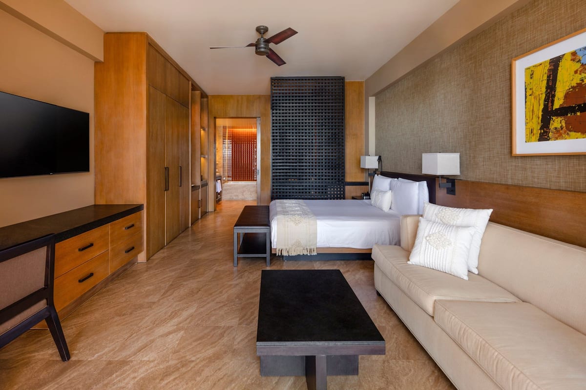 Une chambre d’hôtel équipée d’un lit, d’un canapé, d’un bureau, d’une télévision et d’un ventilateur de plafond.